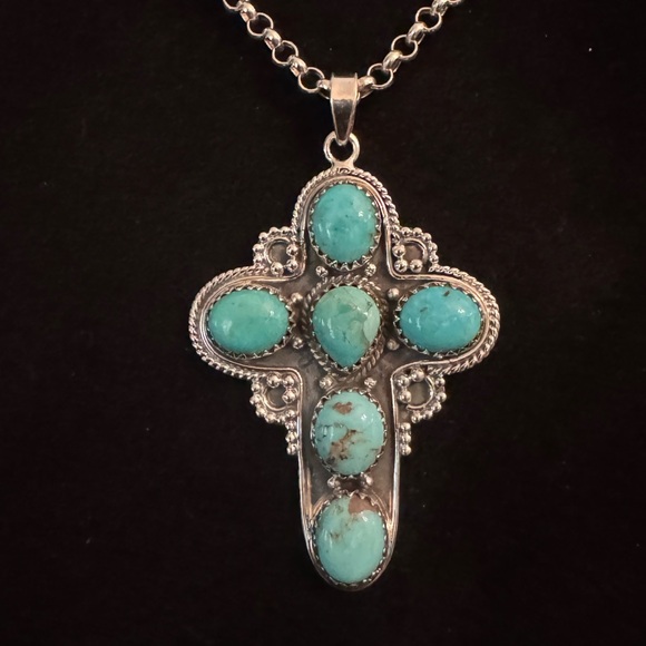 Genuine, Turquoise and Sterling, Silver Cross Pendant Necklace. With chain. - Picture 1 of 5